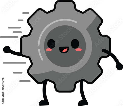 Happy cartoon gear with motion lines and smiling face in simple vector style