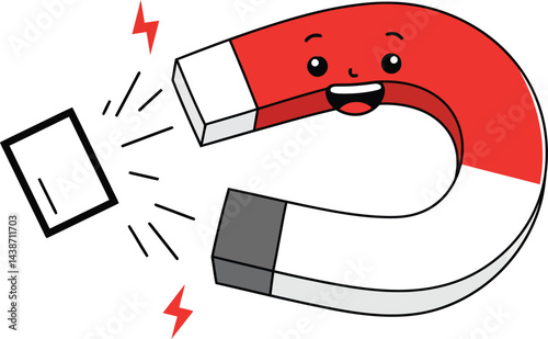 Happy red and white horseshoe magnet attracting metal object vector illustration with smiling face 