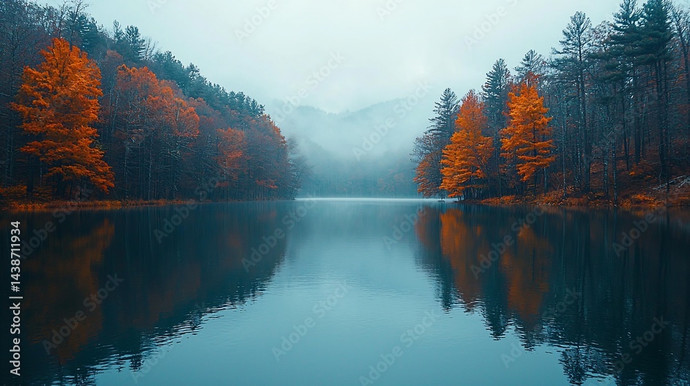 Naklejka premium Misty autumn lake reflecting colorful trees