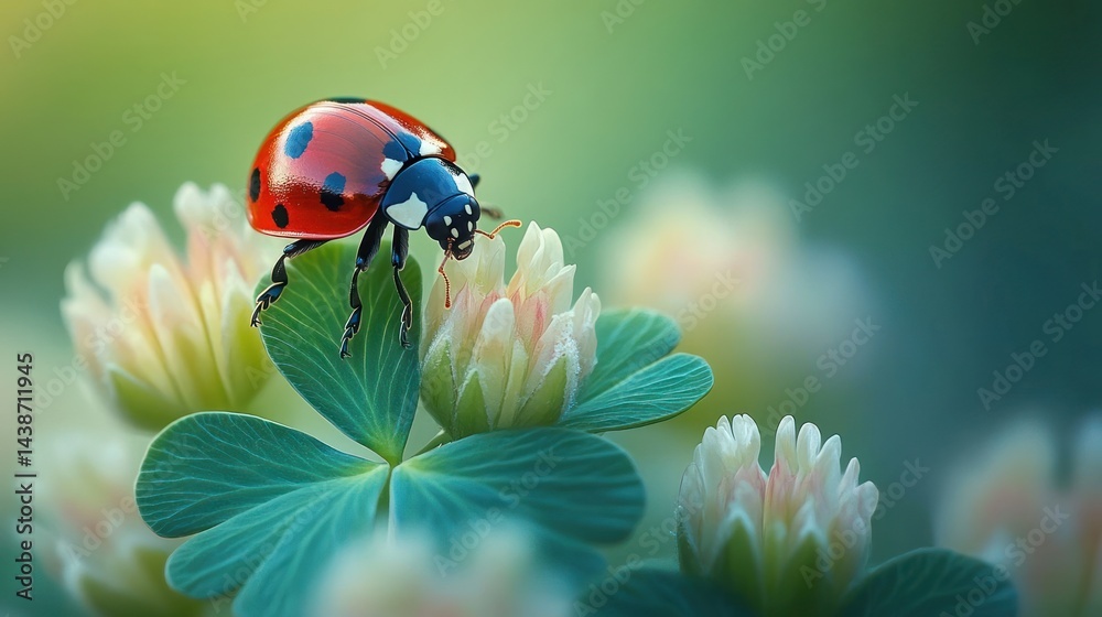 Fototapeta premium Ladybug on clover flower with green and blurred background in a macro shot.