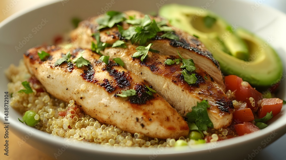 Grilled chicken breast served over quinoa with avocado and chopped tomatoes, garnished with fresh cilantro in a white bowl Grilled chicken breast served over quinoa with avocado and chopped tomatoes, garnished with fresh cilantro in a white bowl