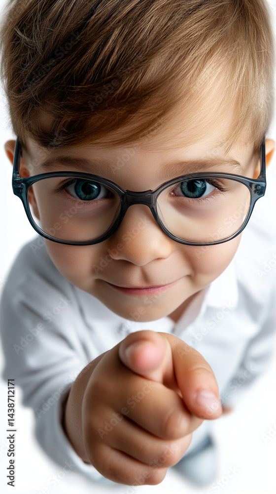 Kleiner Junge mit großer Brille zeigt mit dem Finger in die Kamera