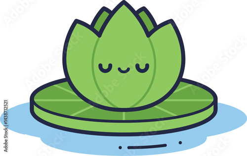Green lotus flower with closed eyes on lily pad calm and peaceful vector illustration 