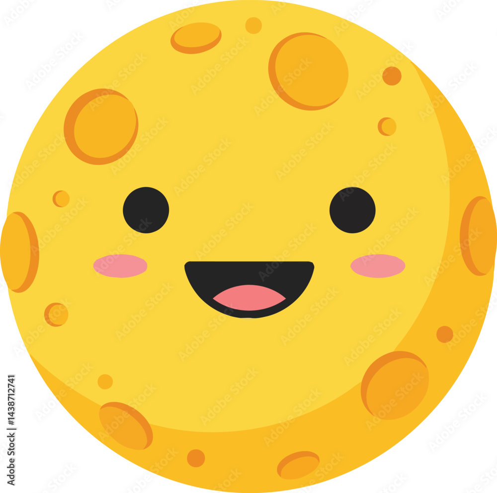 Fototapeta premium Smiling yellow moon cartoon face with craters and cheerful expression vector illustration 