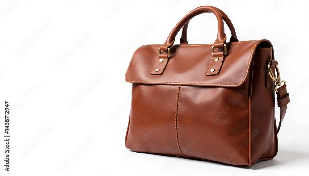 Brown leather satchel, cleanly isolated, pristine white backdrop , craft, mockup, detail Brown leather satchel, cleanly isolated, pristine white backdrop , craft, mockup, detail