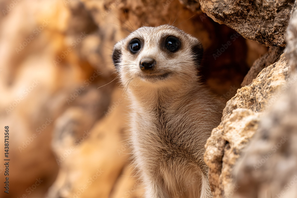 Fototapeta premium A meerkat exploring a rocky outcrop in the desert, its eyes wide open as it inspects the surroundings carefully.