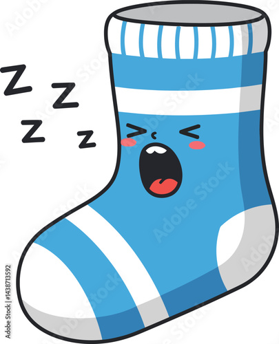 Blue and white striped sock with sleepy face and zzz symbols cartoon vector illustration 