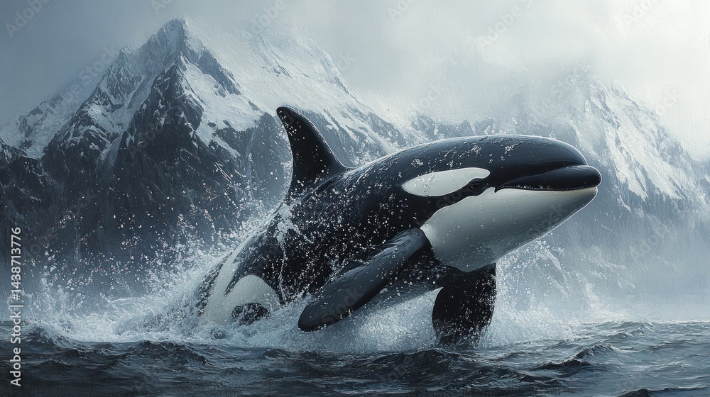 Fototapeta premium Orca whale breaching water with snowy mountains in background.