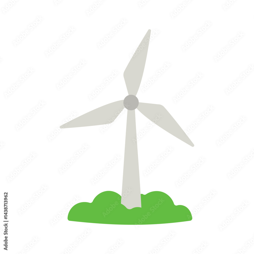 A wind turbine is shown in a field with green grass. Concept of sustainability and renewable energy A wind turbine is shown in a field with green grass. Concept of sustainability and renewable energy