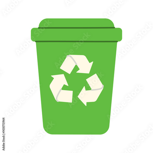 A green trash can with a recycling symbol on it. Concept of recycling and the importance of taking care of the environment