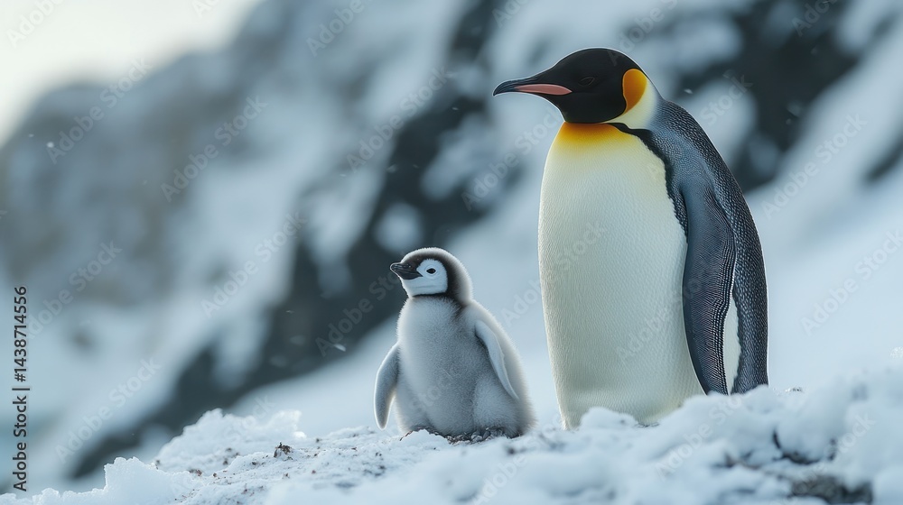 Fototapeta premium Two penguins adult and chick stand on snowy ground with blurred background.