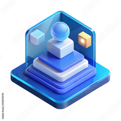 A modern 3D blue vector icon with a sphere on a cube inside a square frame, suitable for digital design, technology showcases, or product - interface - related content in app development, web design, 
