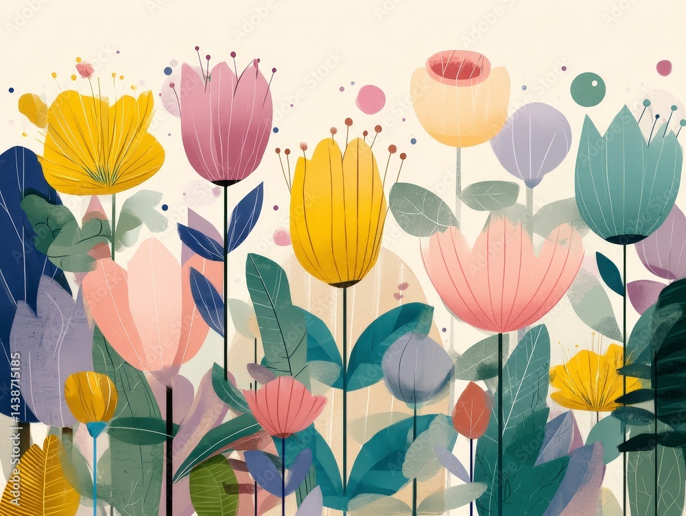 Fototapeta premium Whimsical Floral Garden: Pastel Illustration