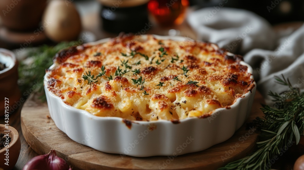 Baked macaroni and cheese in a white dish on a wooden surface. Baked macaroni and cheese in a white dish on a wooden surface.