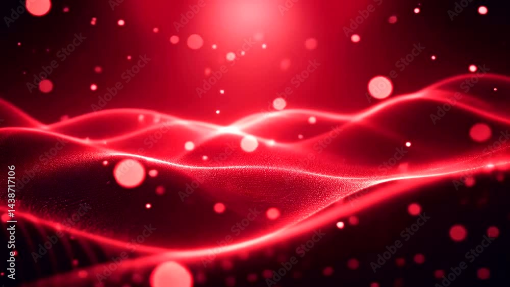 Abstract red waves with glowing particles creating a dynamic visual effect in a digital landscape