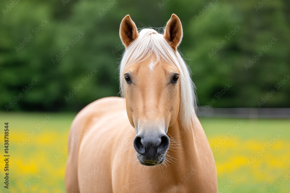 Fototapeta premium Palomino Horse in Soft Golden Light - Majestic palomino horse in a field, symbolizing grace, freedom, beauty, nature, and tranquility