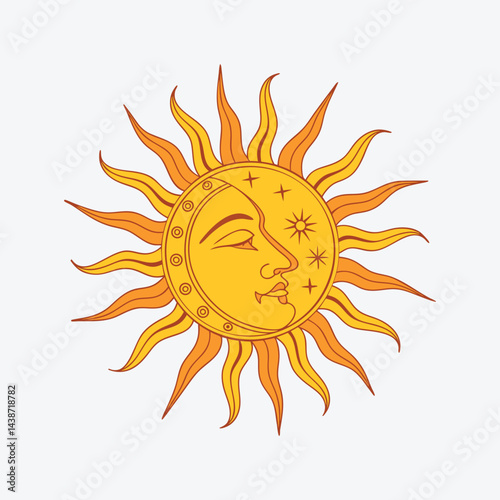 Smiling Sun with Moon Element in Retro Style