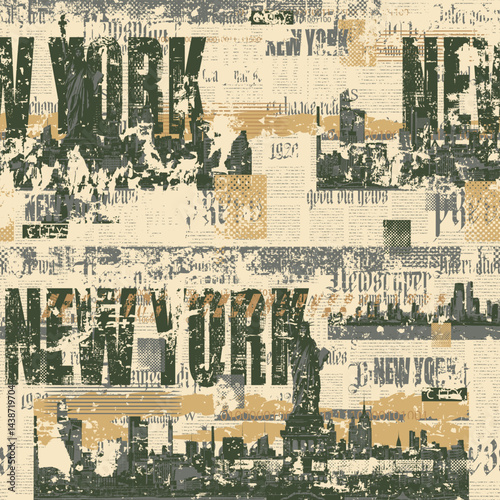 Abstract seamless pattern on urban theme with Statue of Liberty in New York with city architecture and newspaper clippings background in grunge style. Wallpaper, fabric, t-shirt design. No AI used