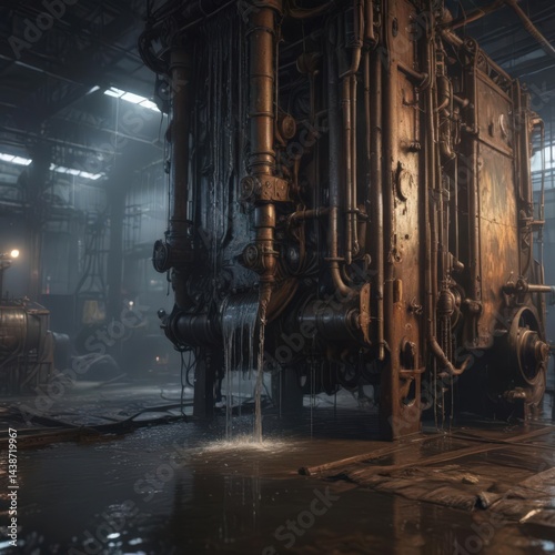 Water drips onto decaying machinery in a dimly lit industrial space ,  neglected,  ambience,  broken