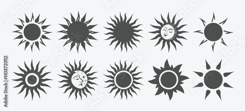 Sun icon set. Vector flat design. Collection of sun stars for use in as logo or weather icon. Black  suns circles, bright natural lighting objects.
