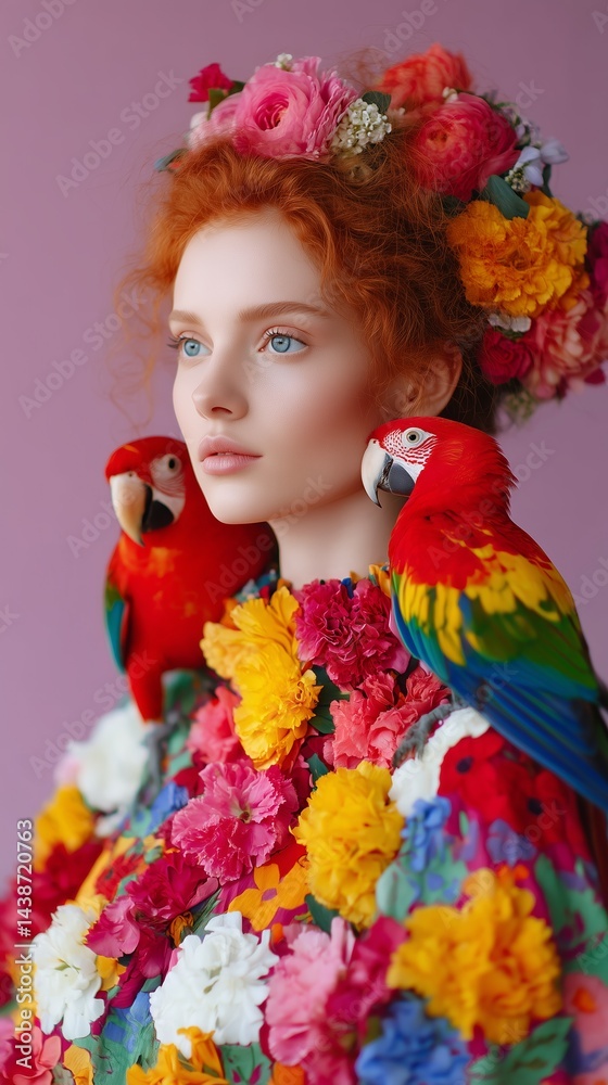 Fototapeta premium Floral Fashion Portraits with Colorful Parrots and Red Hair Models