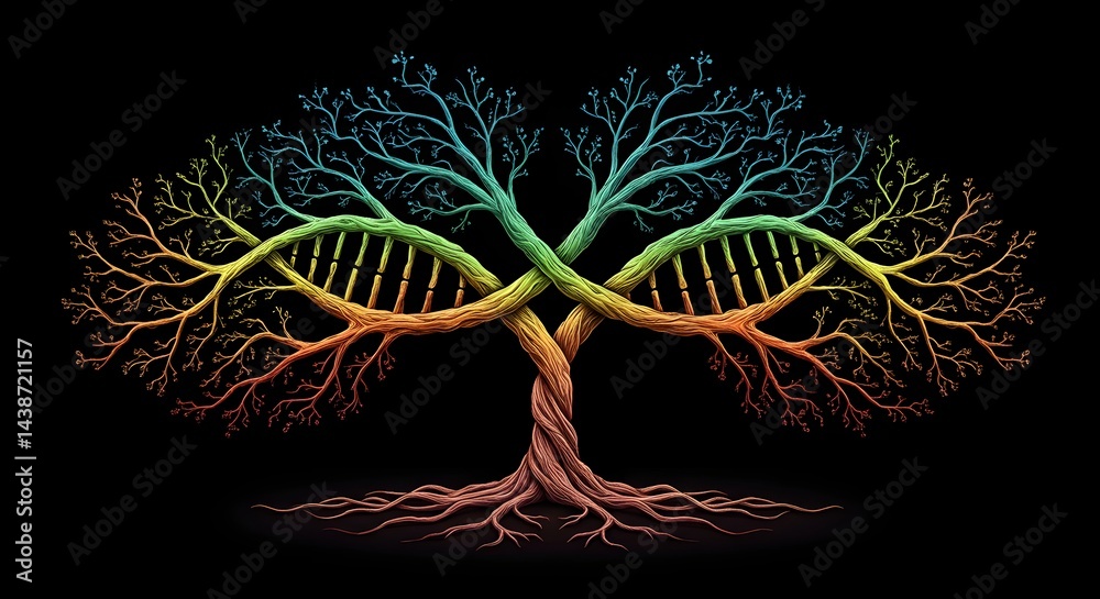 Fototapeta premium A colorful dna tree with roots and branches against a black background forming a double helix structure