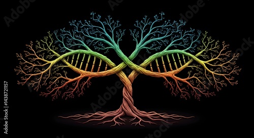 A colorful dna tree with roots and branches against a black background forming a double helix structure