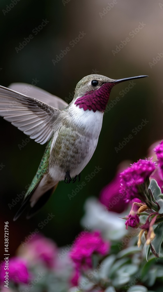 Fototapeta premium Hummingbird in flight amidst vibrant blossoms