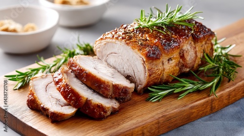 Roasted Pork Loin with Rosemary - Sliced roasted pork loin garnished with fresh rosemary, served on a wooden board. A delicious and visually appealing main course