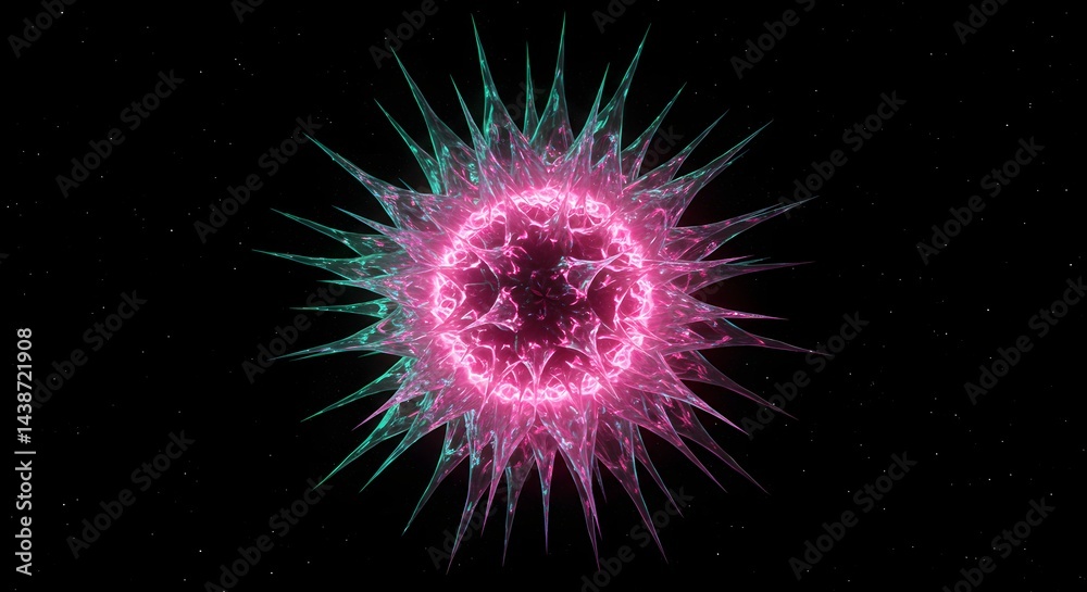 Obraz premium A glowing pink and teal spiky orb floating in the dark expanse of space filled with tiny stars