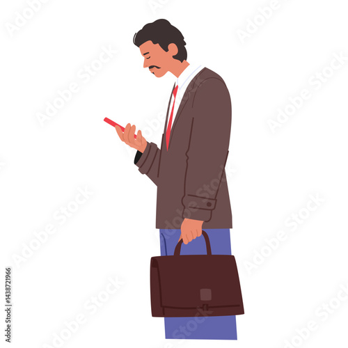 Sad office clerk cartoon character wearing formal suit using phone going to work isolated on white