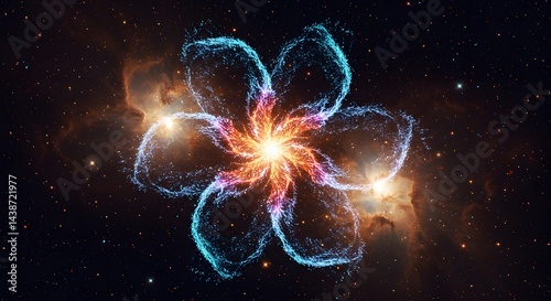 Glowing flower nebula with blue petals and orange center in a starry space background view from earth