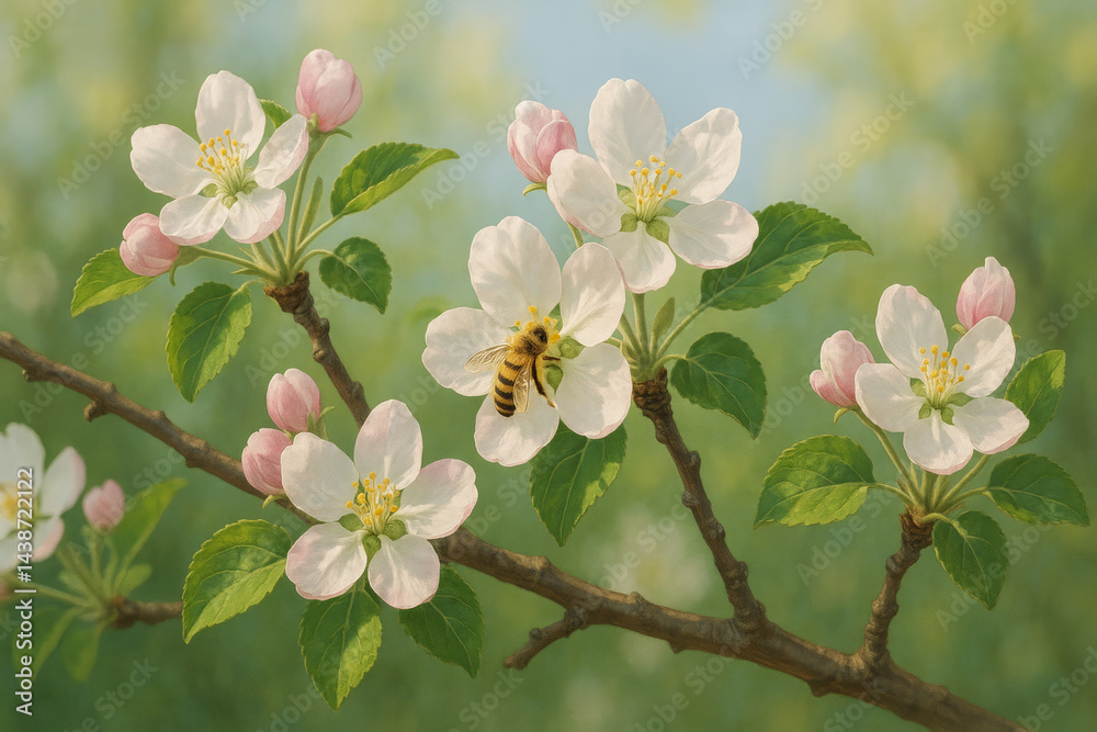 Obraz premium bee on flower of blooming apple tree twig
