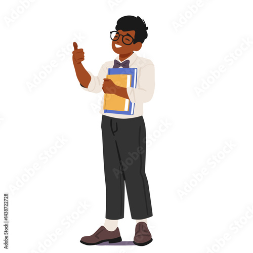 Positive smiling nerd boy child cartoon character in eyeglasses with book gesturing thumbsup