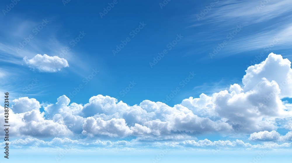Fototapeta Serene Blue Sky with Puffy Clouds - A breathtaking panoramic view of a bright blue sky adorned with fluffy white clouds. Perfect for backgrounds, travel, and nature themes