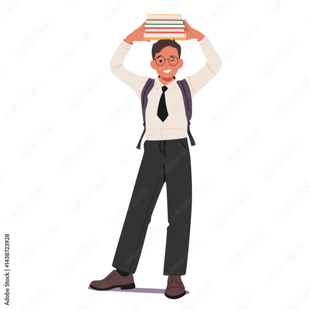Nerd boy student cartoon character raising stack of books over head isolated on white background Nerd boy student cartoon character raising stack of books over head isolated on white background