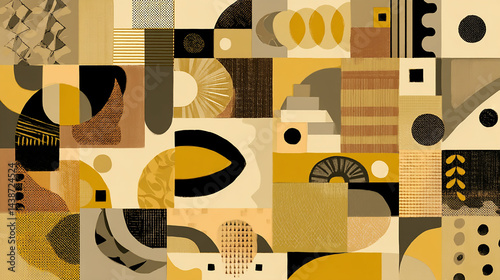 patterns of abstract shapes in beige and yellow tones