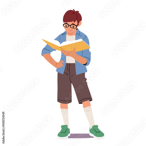 Experienced nerd boy kid cartoon character reading book with pleasure and interest isolated on white