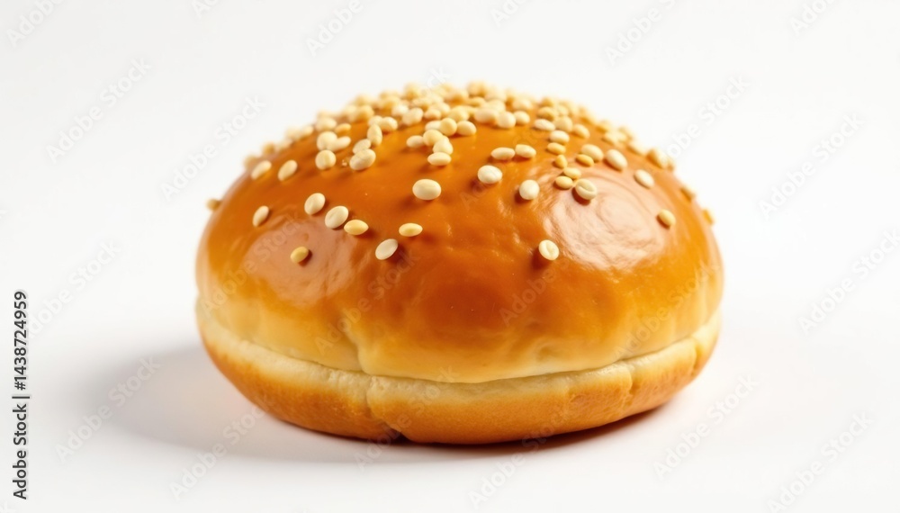 Sesame seed topped bun, slightly shiny, against pure white background , snack, sesame Sesame seed topped bun, slightly shiny, against pure white background , snack, sesame
