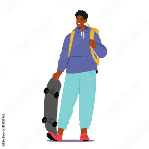 Casual teenage guy cartoon student character standing with skateboard and backpack isolated on white