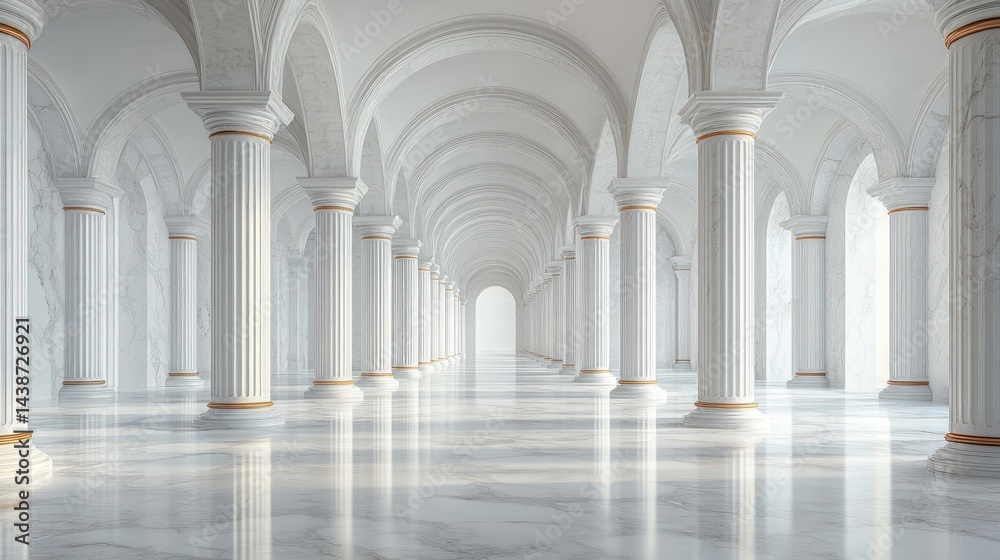 White hallway with columns and arches receding into the distance. White hallway with columns and arches receding into the distance.