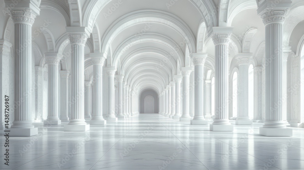 White corridor with columns in perspective view creating a bright and clean space. White corridor with columns in perspective view creating a bright and clean space.