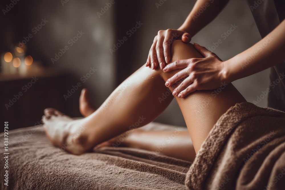 Obraz premium Close-up of a woman receiving a leg massage, focusing on relaxation and wellness, providing stress relief in a calming spa environment with soft lighting and soothing ambiance.