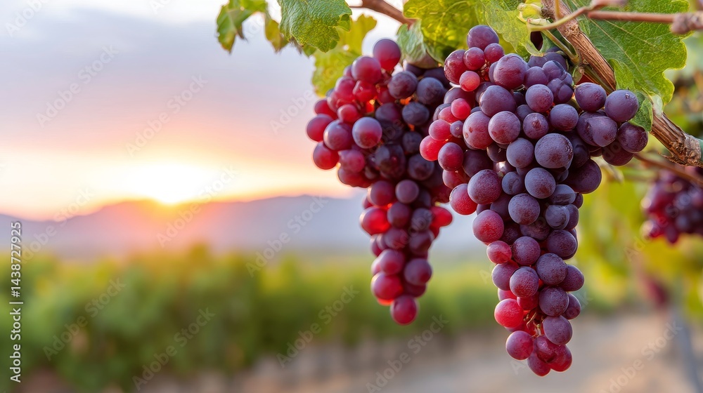 Fototapeta premium Sunrise Vineyard Red Grapes - Ripe red grapes hanging from a vine at sunrise, symbolizing abundance, harvest, nature's bounty, new beginnings, and the beauty of winemaking