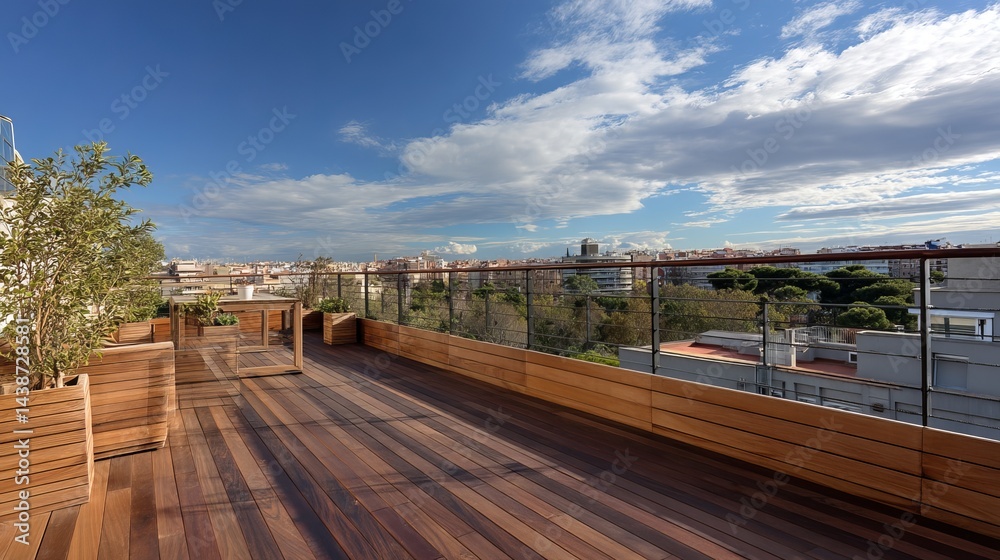 Rooftop patio with wooden floor overlooking landscape and clear blue sky background Rooftop patio with wooden floor overlooking landscape and clear blue sky background
