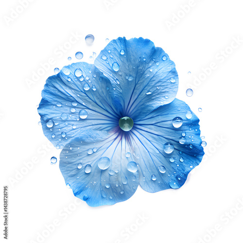 A delicate blue flower, possibly a petunia, with soft, intricate petals. Water droplets sit on the petals on a transparent background,