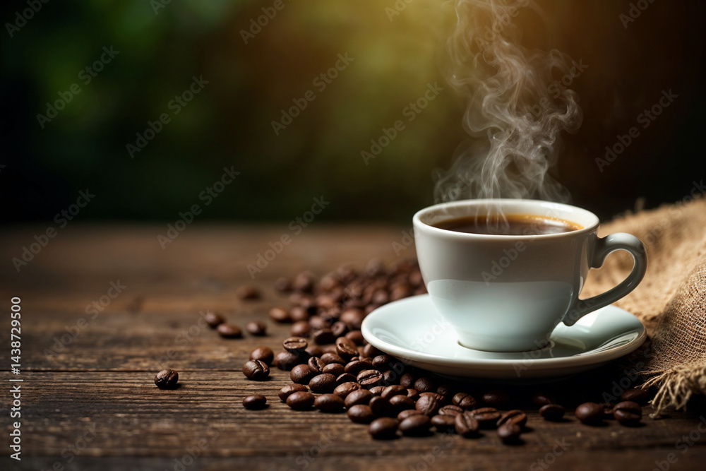 Steaming Coffee Cup with Roasted Beans on Rustic Wood Steaming Coffee Cup with Roasted Beans on Rustic Wood