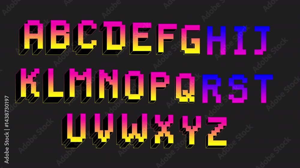 Pixel neon gradient push button animated alphabet. A-Z voxel iridescent ...