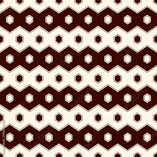 Zigzag seamless pattern. Hexagon mosaic tiles ornament. Ethnic surface print. Repeated geometric figures background. Ornamental wallpaper. Modern geo design digital paper. Vector abstract art