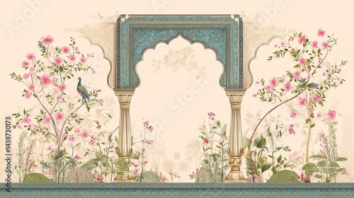 Traditional Mughal garden arch with peacock illustration frame for wedding invitation design